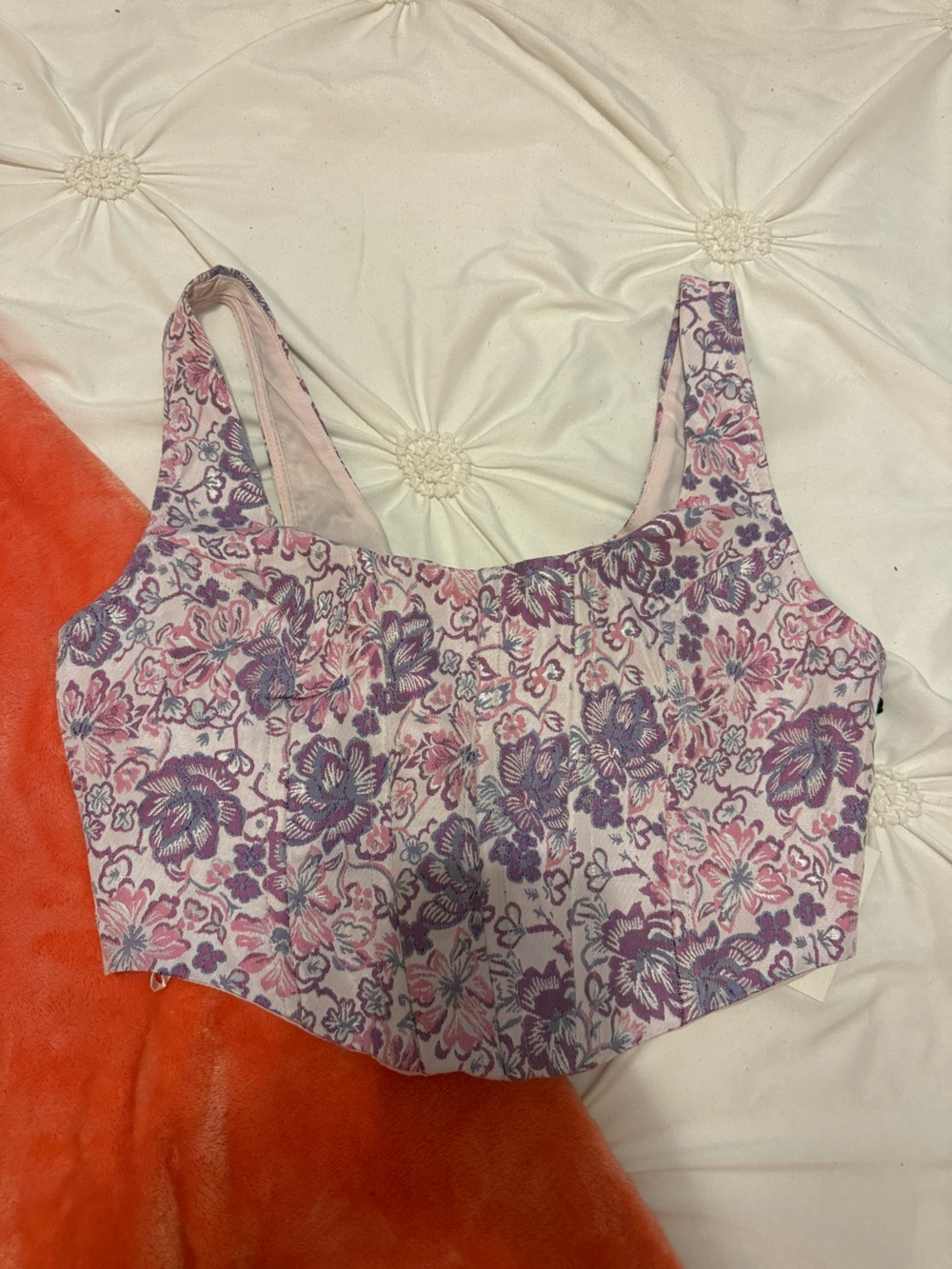 Floral Pink & Lavender Cropped Corset top with lace up backing
